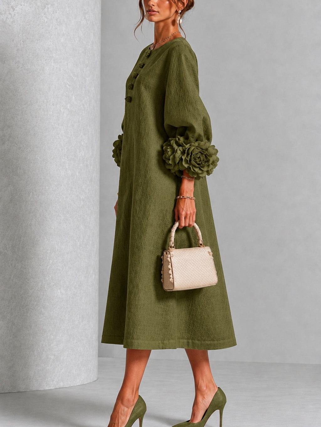 Théodora | Robe Midi avec Manches Bouffantes à Rosette