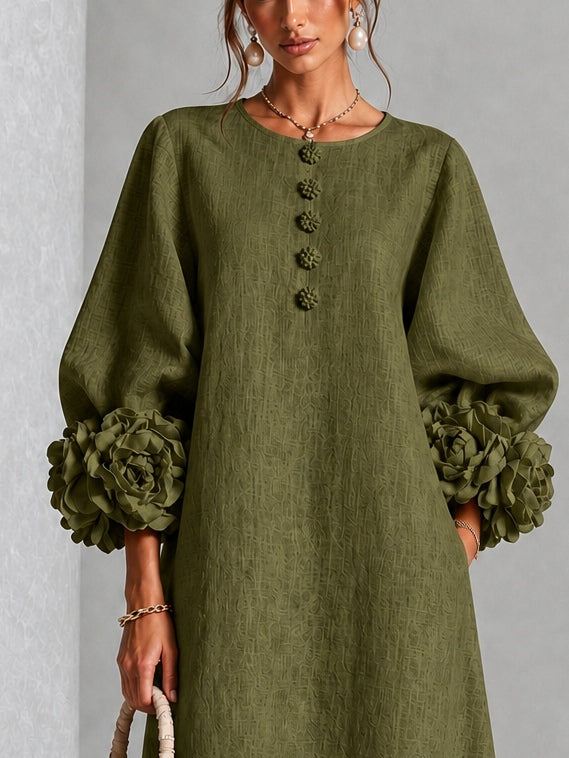 Théodora | Robe Midi avec Manches Bouffantes à Rosette