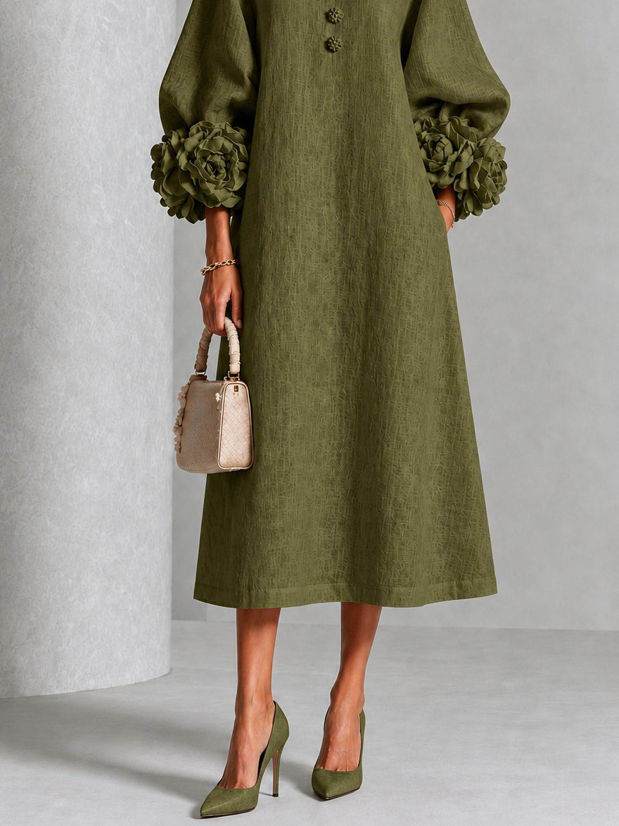 Théodora | Robe Midi avec Manches Bouffantes à Rosette