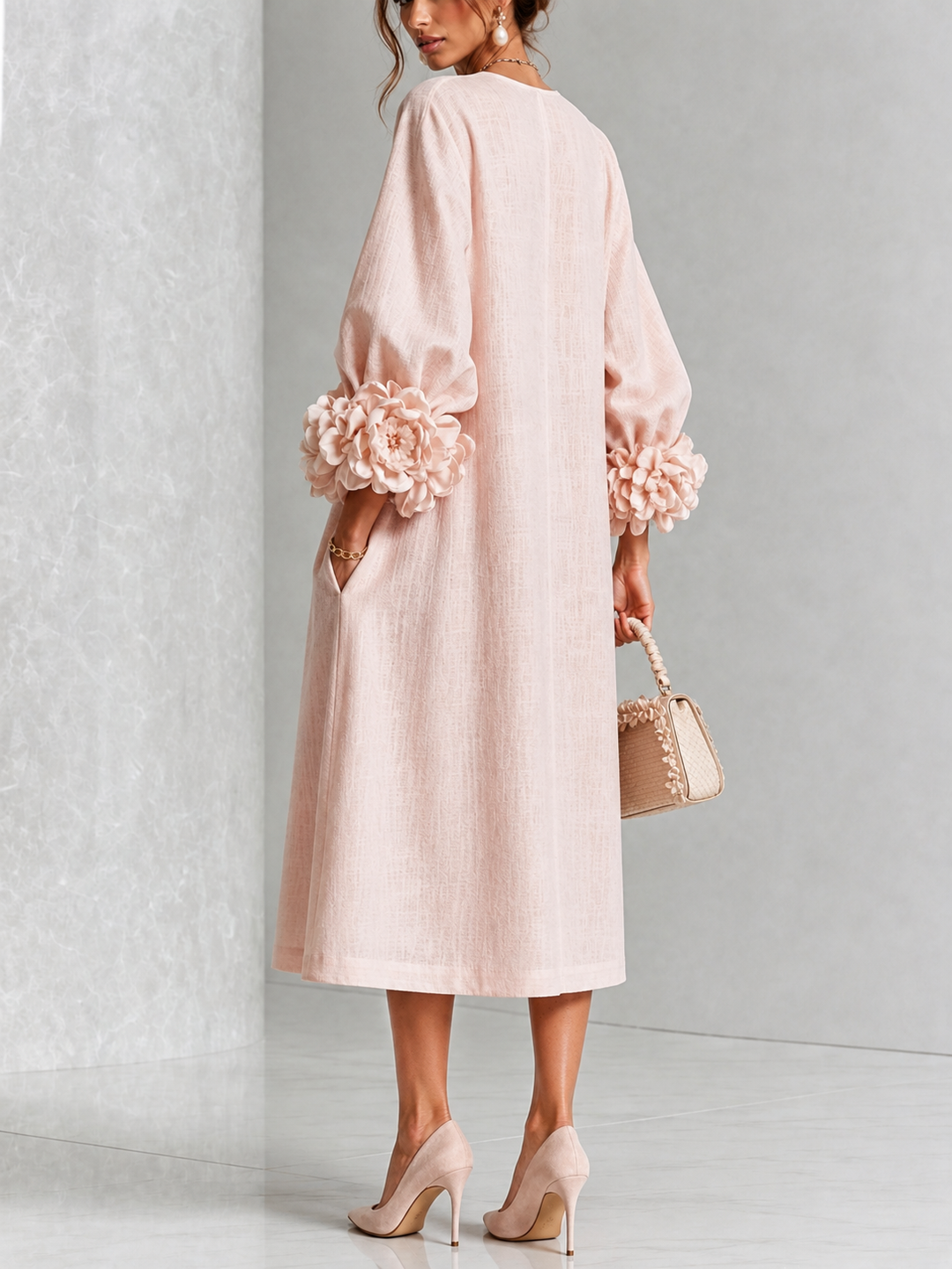 Théodora | Robe Midi avec Manches Bouffantes à Rosette