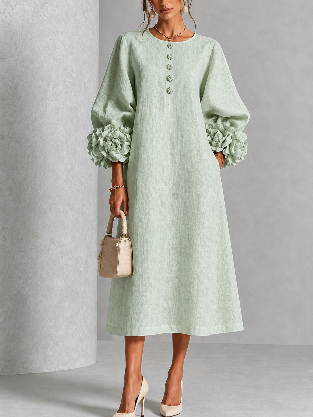 Théodora | Robe Midi avec Manches Bouffantes à Rosette