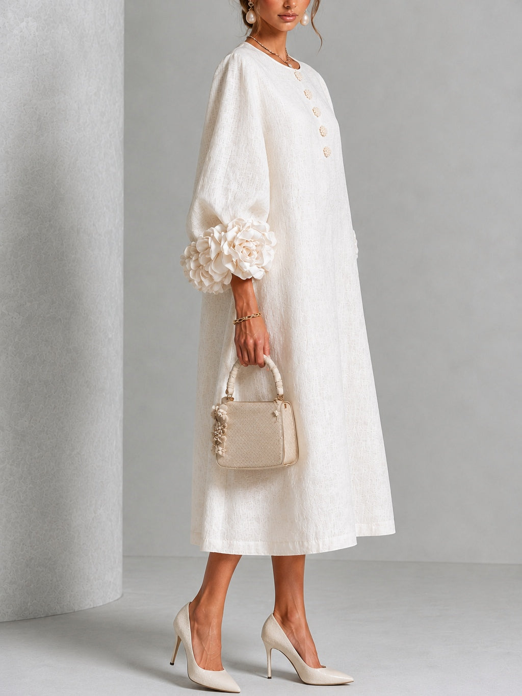Théodora | Robe Midi avec Manches Bouffantes à Rosette