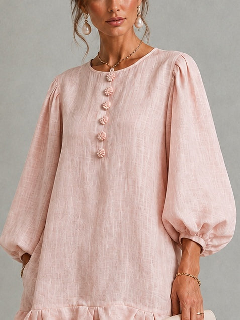 Anneliese | Robe à manches bouffantes et boutons frontaux avec ourlet froncé