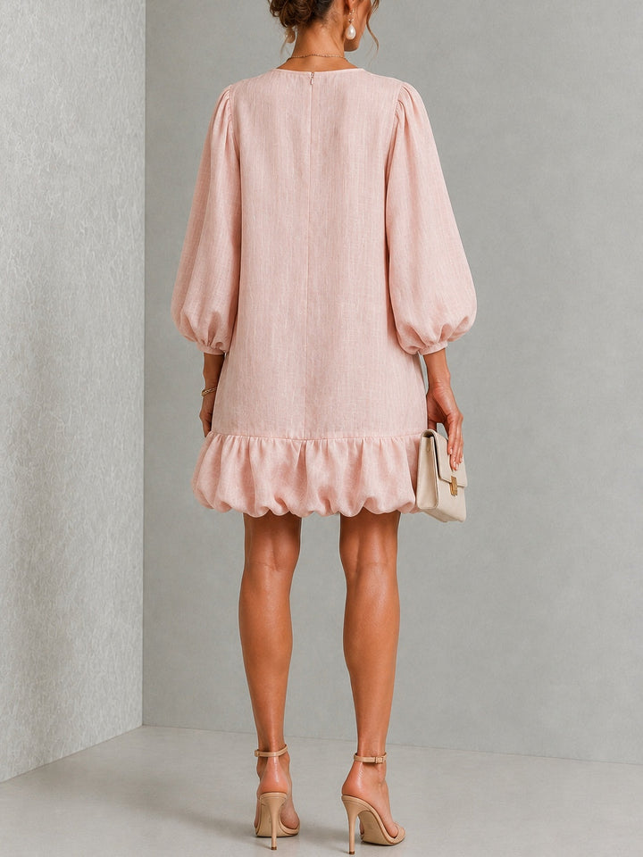 Anneliese | Robe à manches bouffantes et boutons frontaux avec ourlet froncé