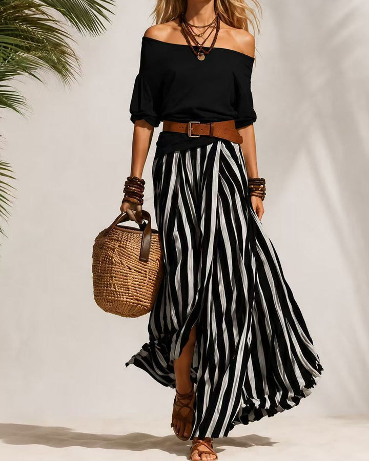 MADISON | Ensemble Jupe Maxi Rayée avec Top Off-Shoulder