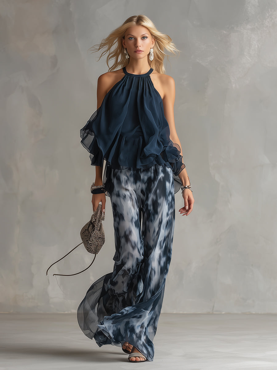 Ludovica | Ensemble élégant en top halter bleu marine et pantalon large imprimé