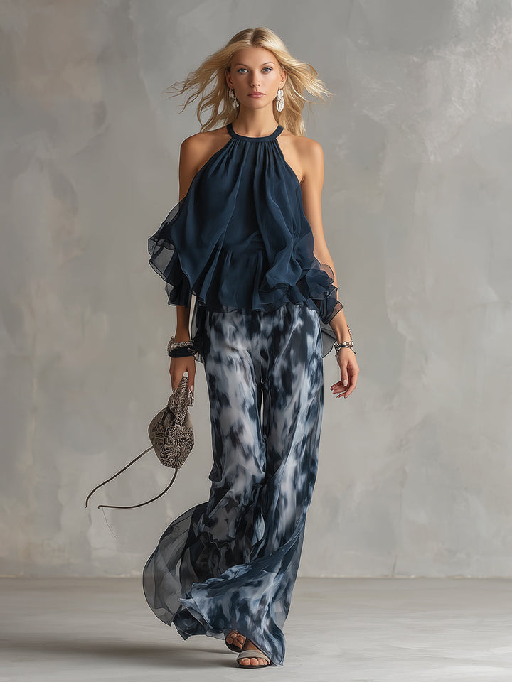 Ludovica | Ensemble élégant en top halter bleu marine et pantalon large imprimé