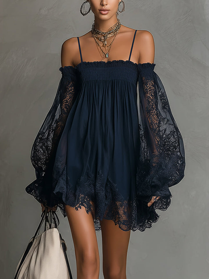 Louisa | Robe en Chiffon avec Manches en Dentelle à Épaules Dégagées