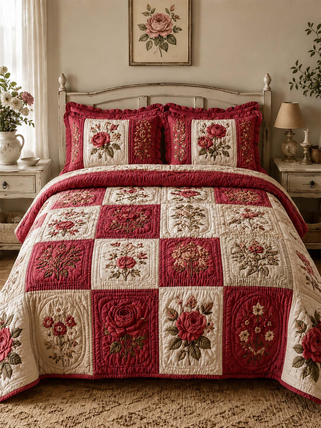 Ensemble de literie matelassé floral vintage 3 pièces