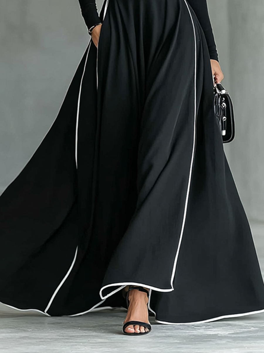 Gina – Robe Maxi Femme Noire avec Coutures Blanches et Col Montant, Manches Longues, Taille Cintrée