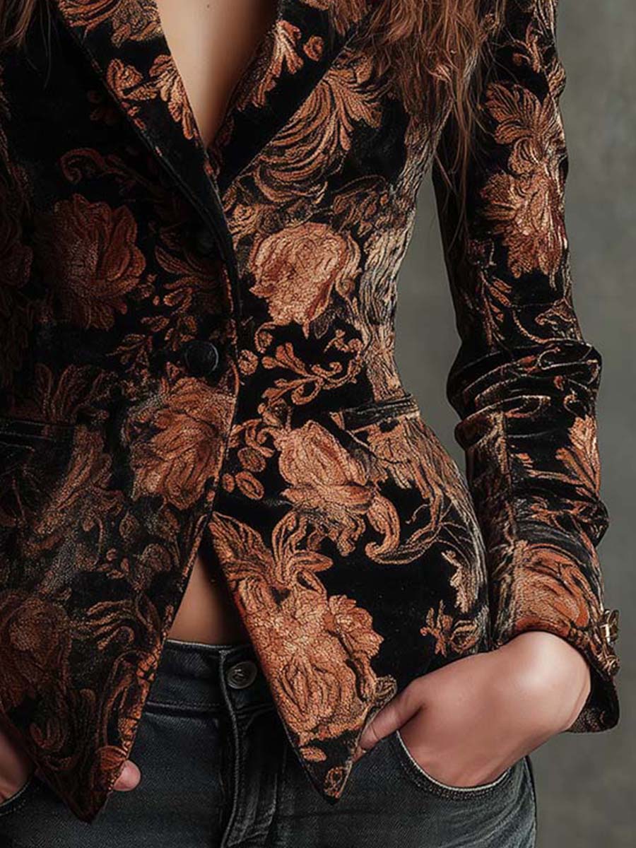 Blazer Tailleur Femme Noir Et Bronze À Imprimé Floral
