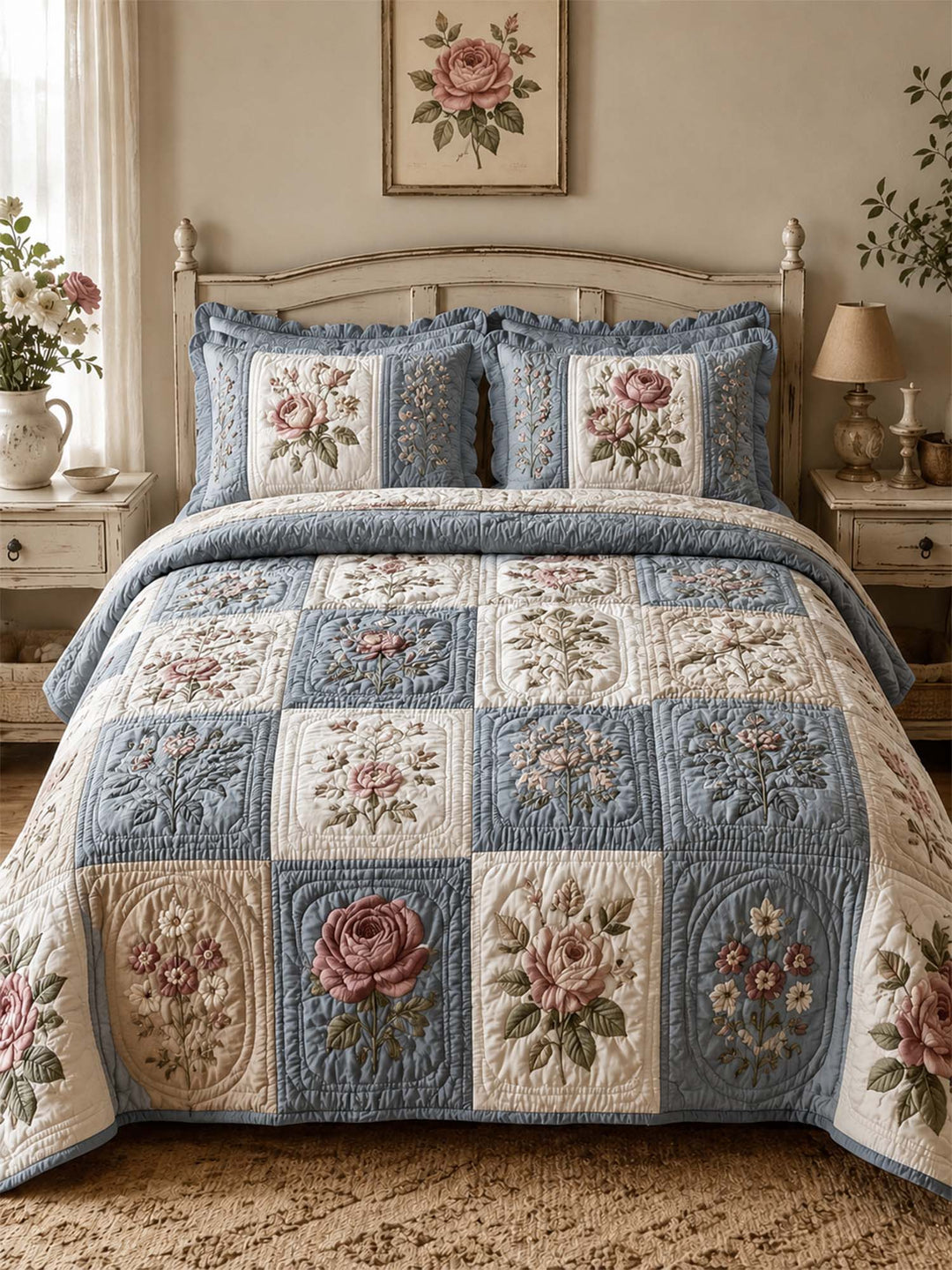 Ensemble de literie matelassé floral vintage 3 pièces