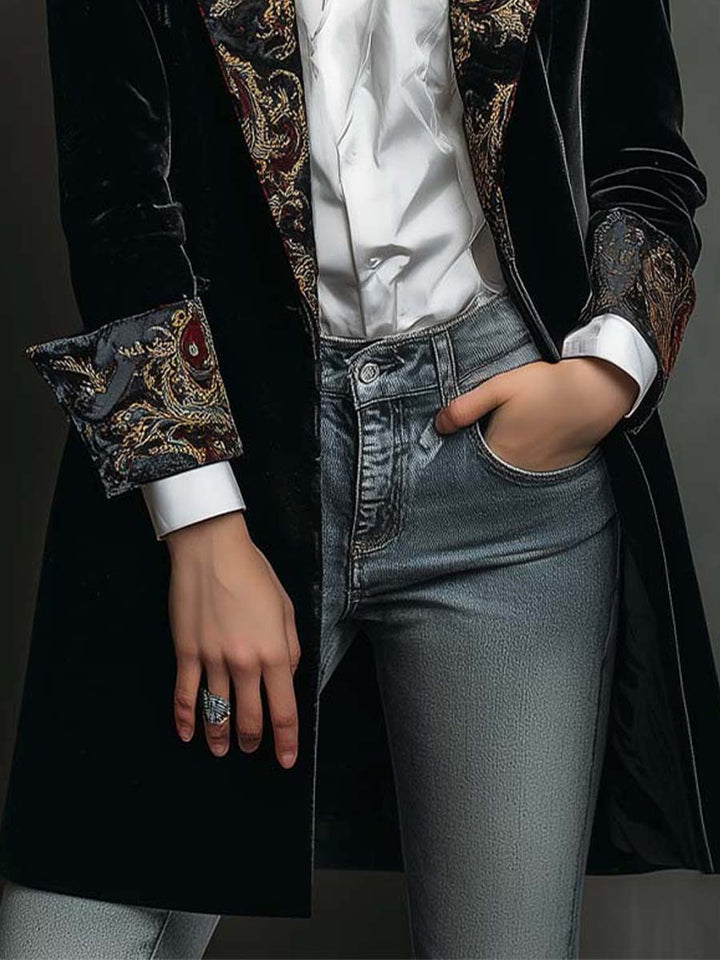 Blazer Slim Fit à Imprimé Baroque Noir pour Femmes