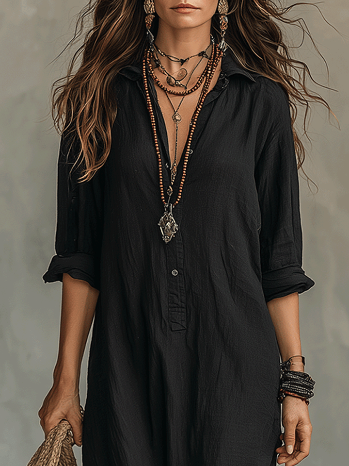 Robe Maxi Chemise Bohème à Boutons Noirs