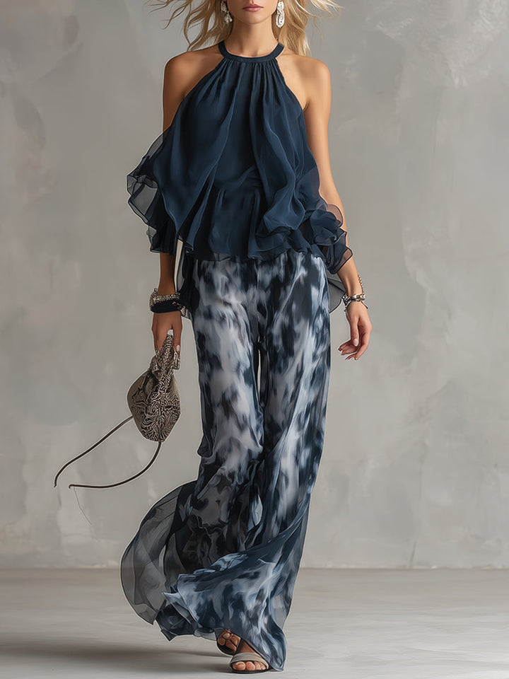 Ludovica | Ensemble élégant en top halter bleu marine et pantalon large imprimé