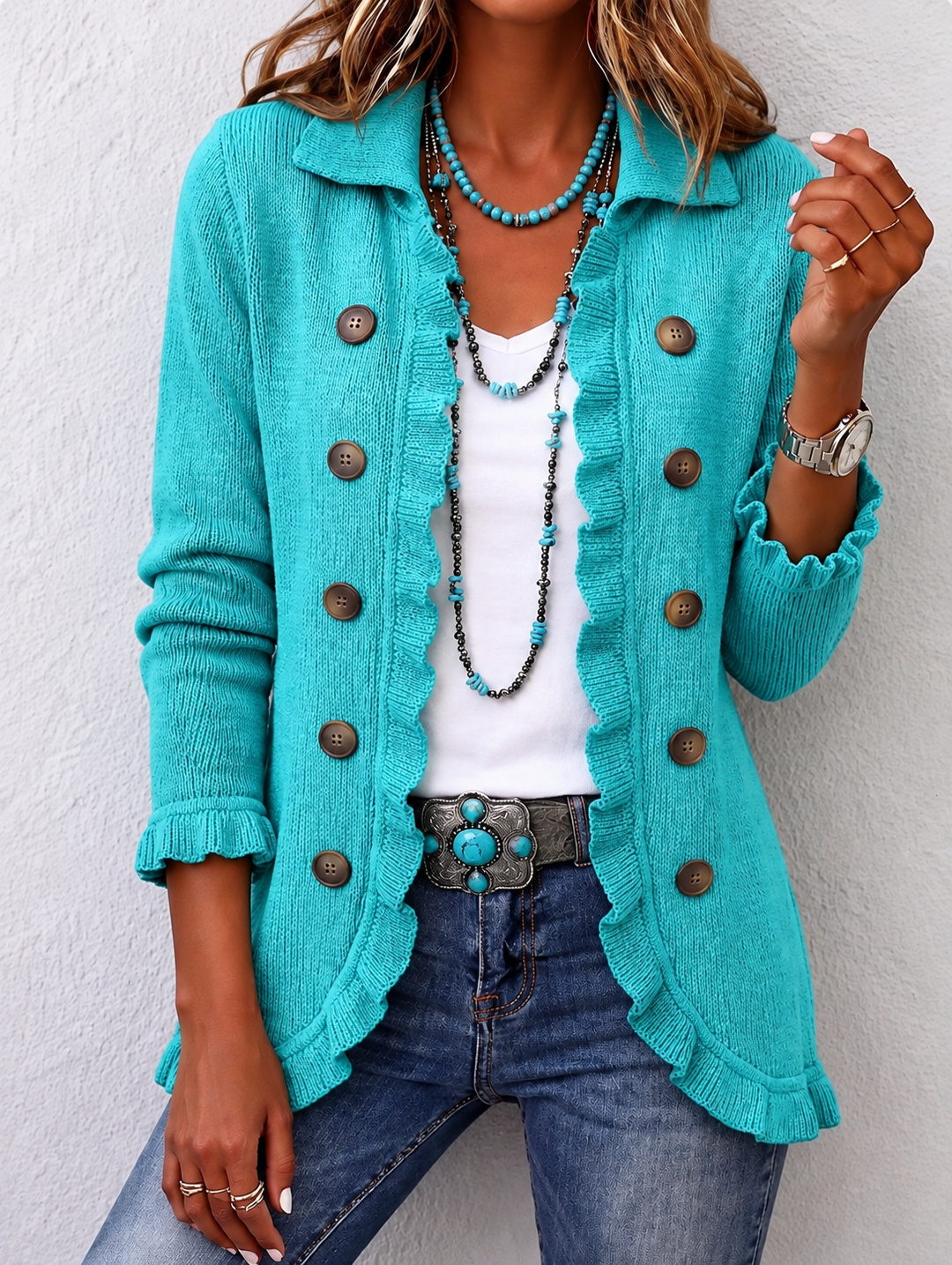 Maribel | Veste en tricot côtelé turquoise avec volants