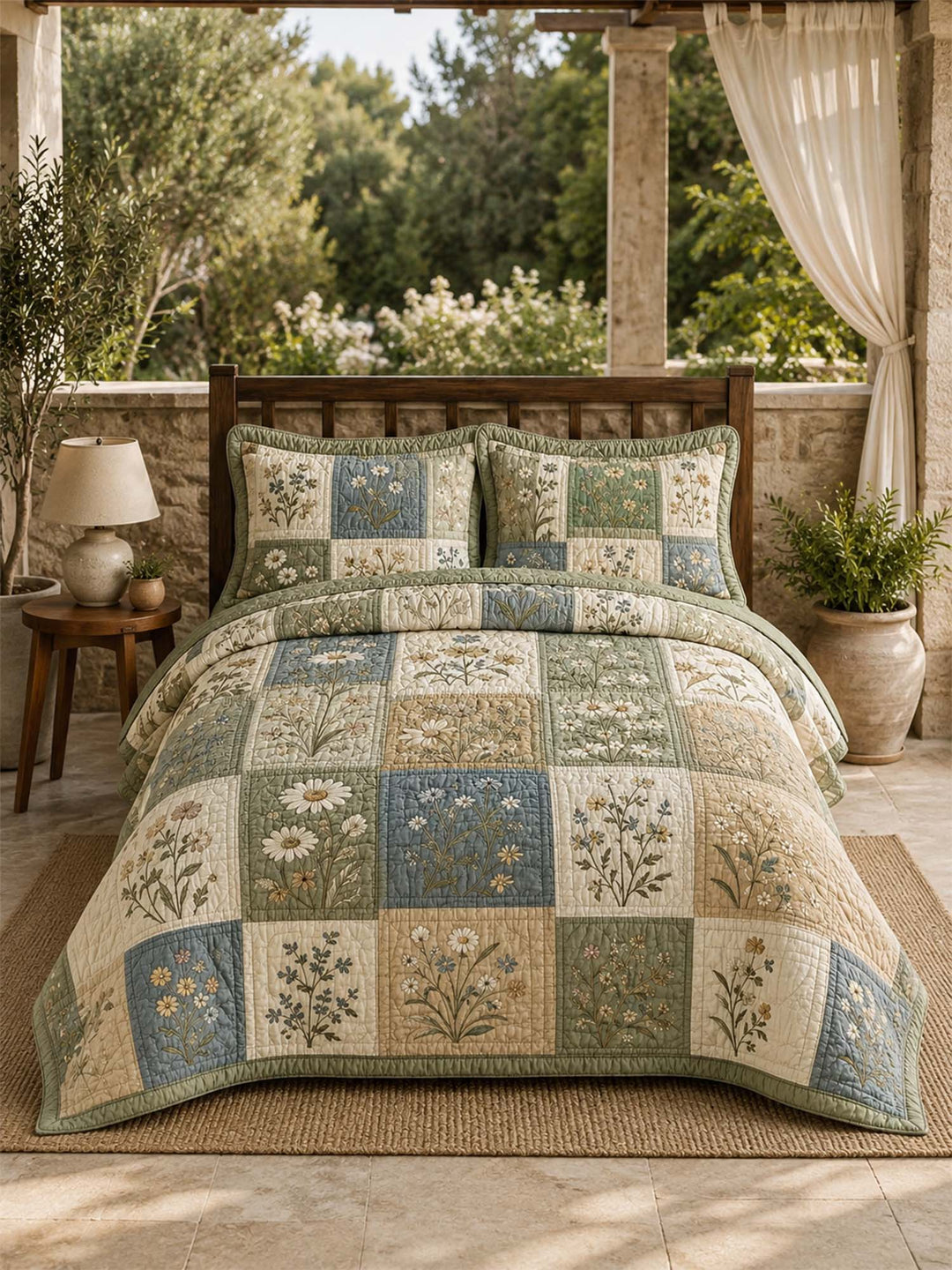 Ensemble de literie matelassé 3 pièces prairie de fleurs sauvages