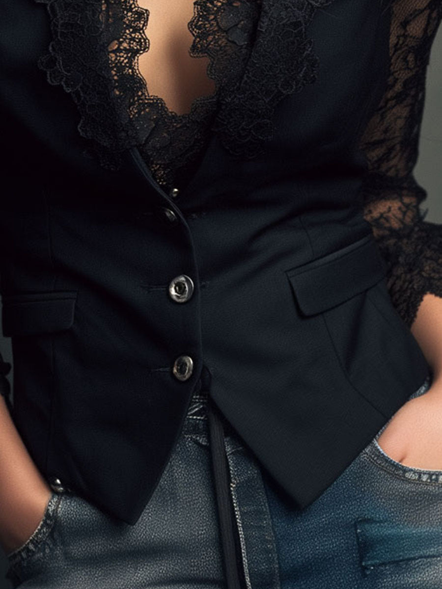 Vittoria | Blazer Noir avec Manches Semi-Transparentes