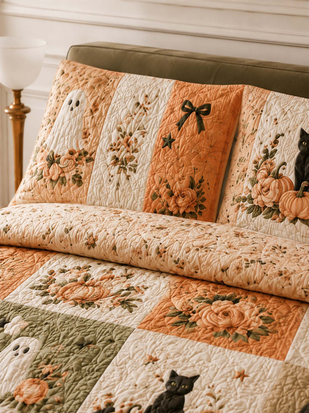 Ensemble de literie matelassé 3 pièces Chat Citrouille Fantôme de Jardin