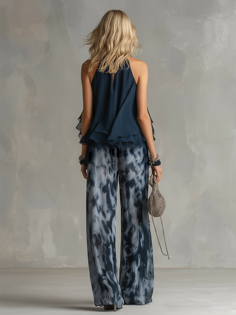Ludovica | Ensemble élégant en top halter bleu marine et pantalon large imprimé