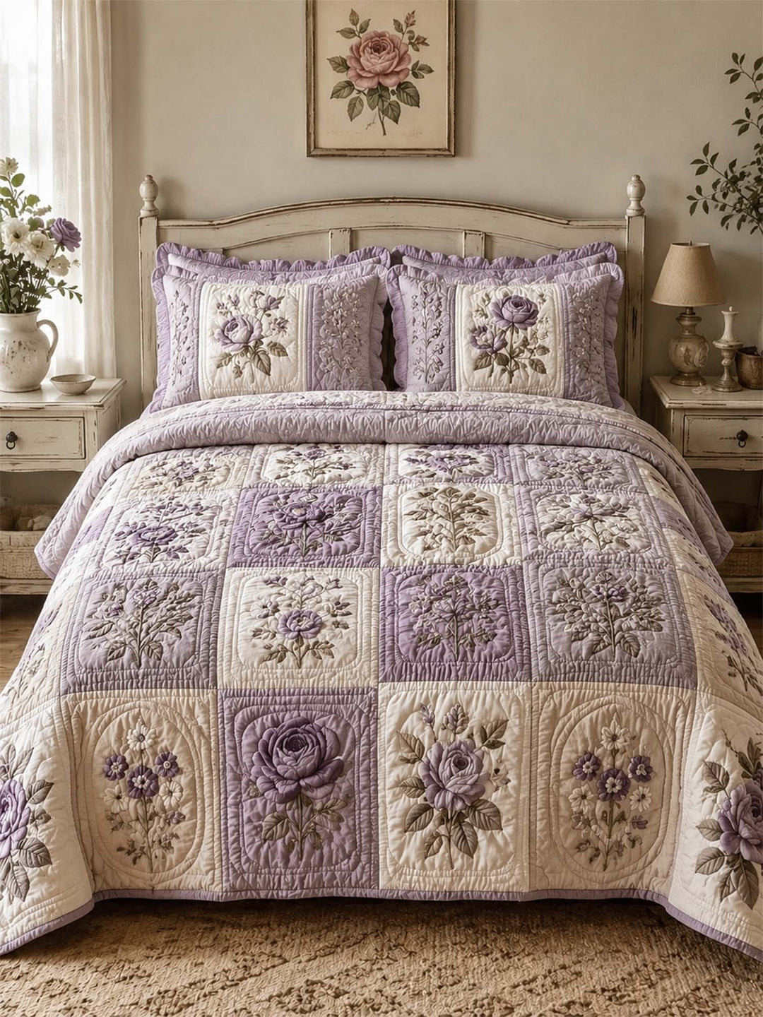 Ensemble de literie matelassé floral vintage 3 pièces