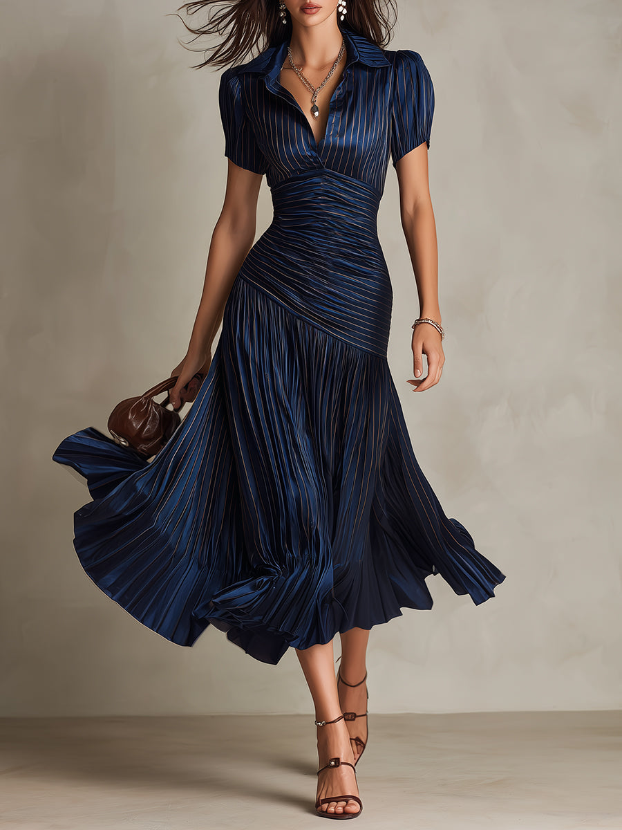 Adriana - Robe Midi Satin Rayée Rétro