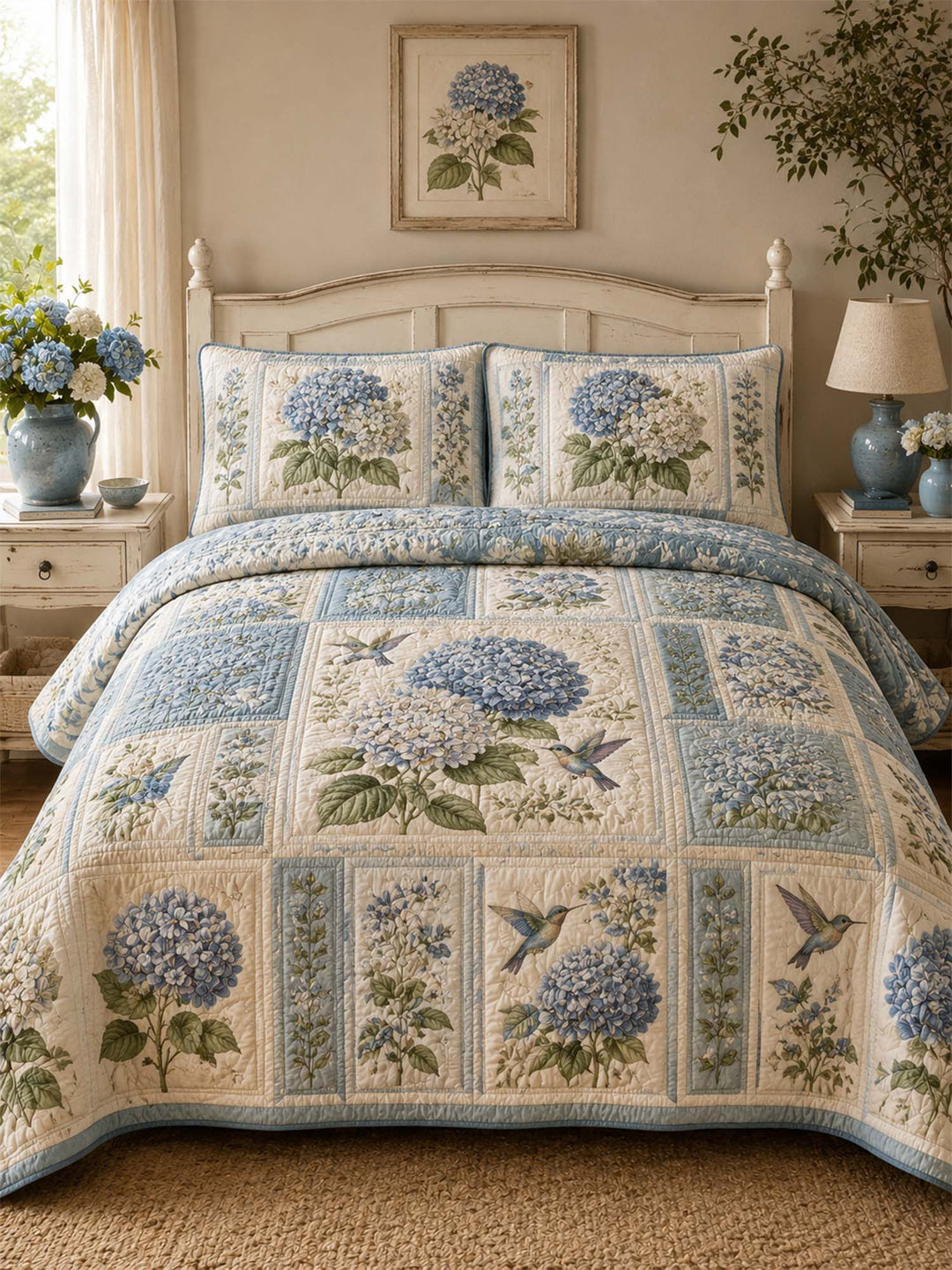 Ensemble de literie matelassé 3 pièces Hortensia Bleu
