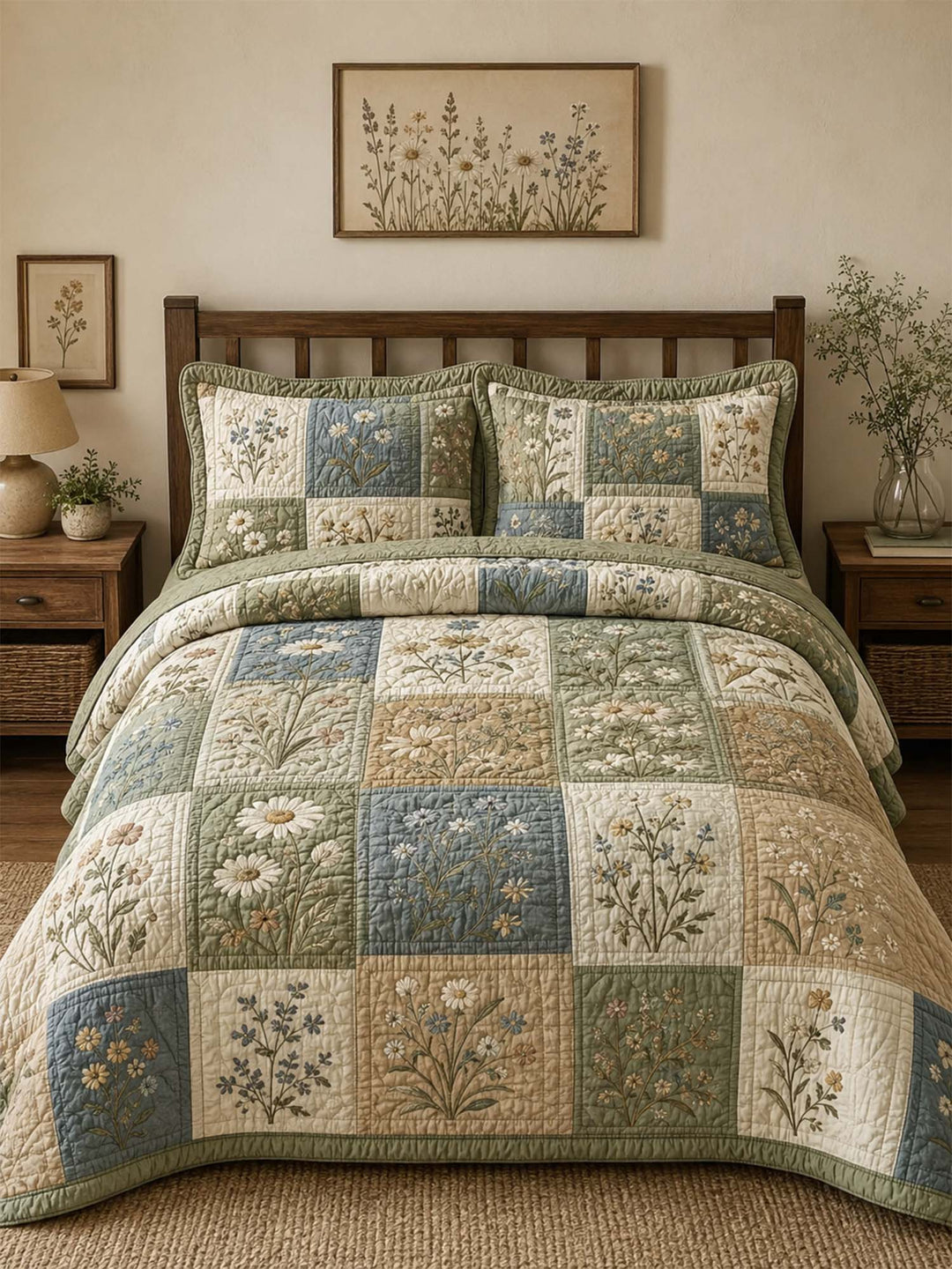 Ensemble de literie matelassé 3 pièces prairie de fleurs sauvages