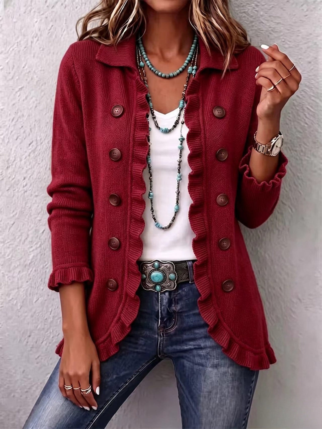 Rosalie | Veste en tricot côtelé rouge rubis avec volants