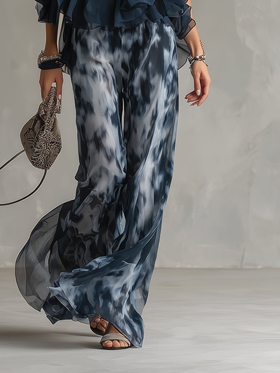 Ludovica | Ensemble élégant en top halter bleu marine et pantalon large imprimé