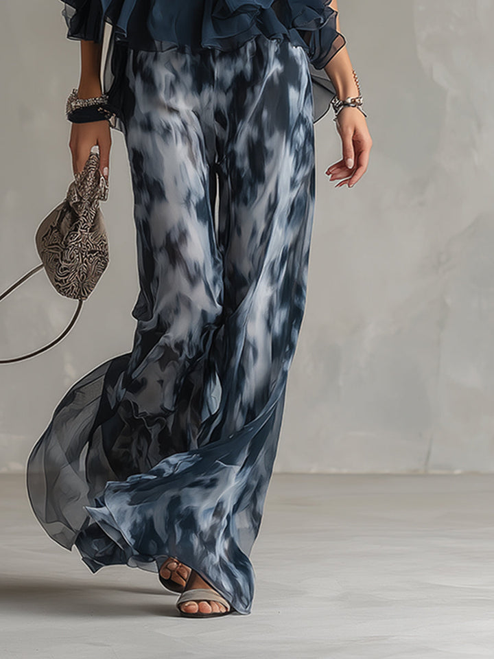 Ludovica | Ensemble élégant en top halter bleu marine et pantalon large imprimé
