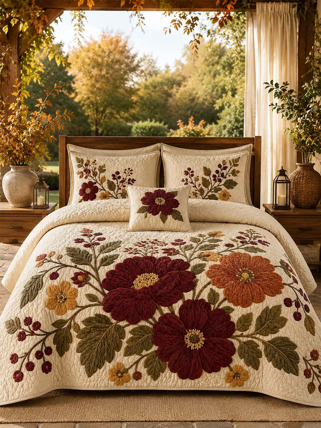 Ensemble de literie matelassé floral vintage 3 pièces