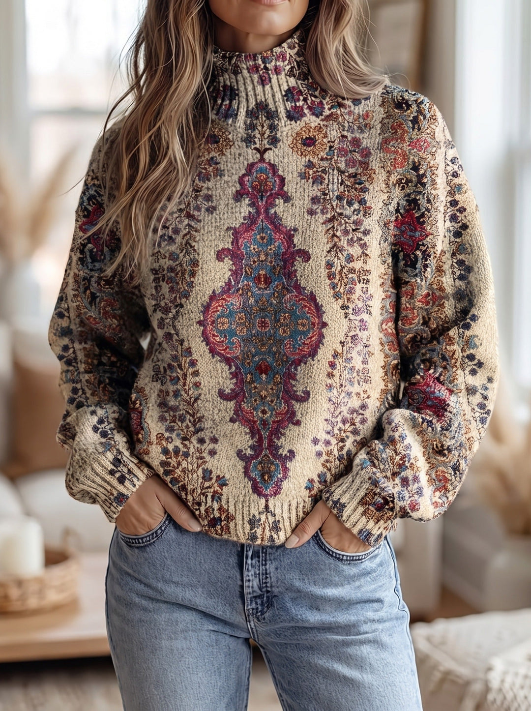 Sofia | Pull Vintage à Col Montant avec Médaillon