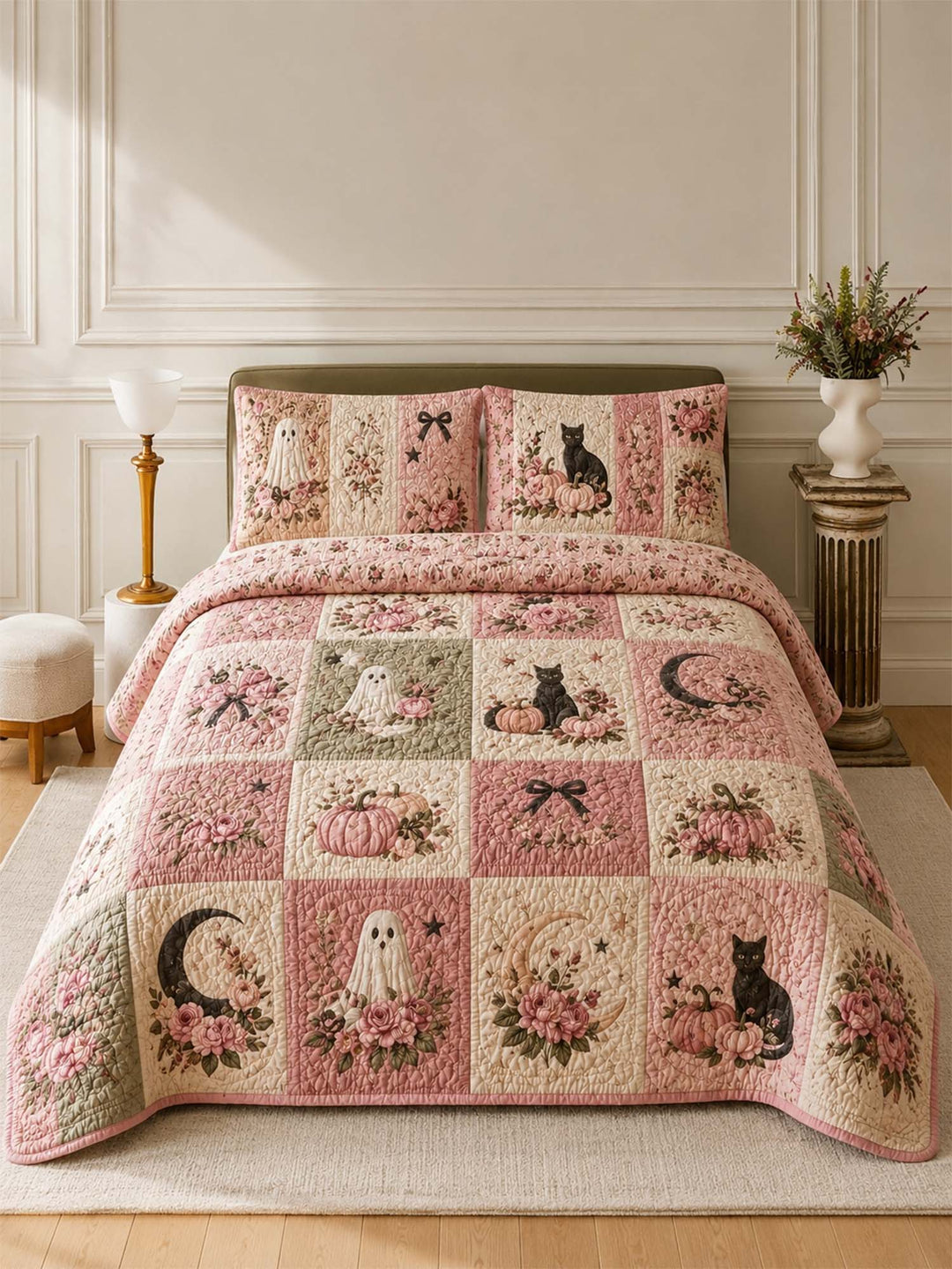 Ensemble de literie matelassé 3 pièces Chat Citrouille Fantôme de Jardin
