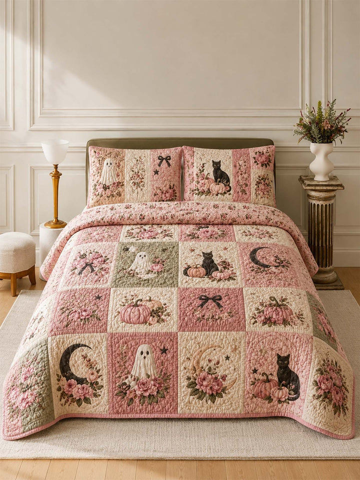 Ensemble de literie matelassé 3 pièces Chat Citrouille Fantôme de Jardin