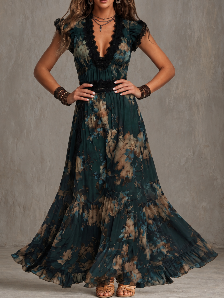 Lucia | Robe longue en chiffon vintage vert foncé avec dentelle florale