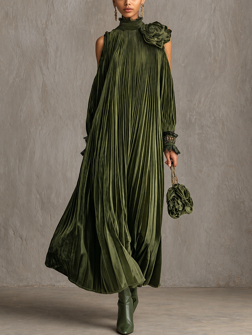 Rosa | Robe longue plissée vert olive avec détail floral sur l'épaule
