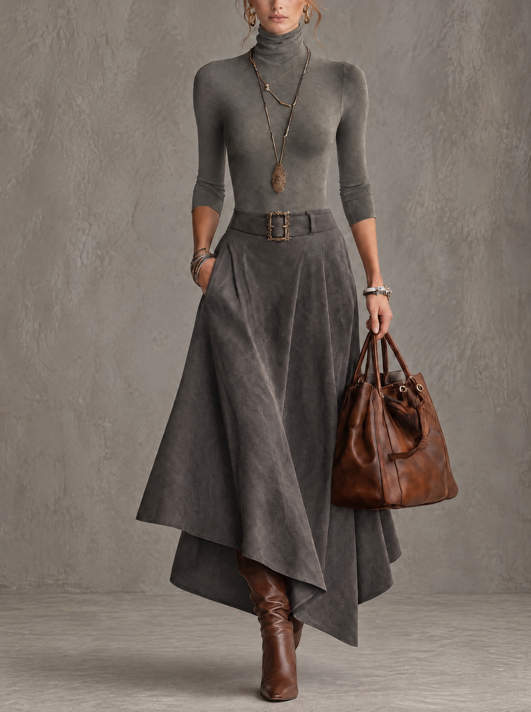 Francesca | Ensemble haut à col montant gris et jupe midi asymétrique en suède synthétique (avec ceinture)
