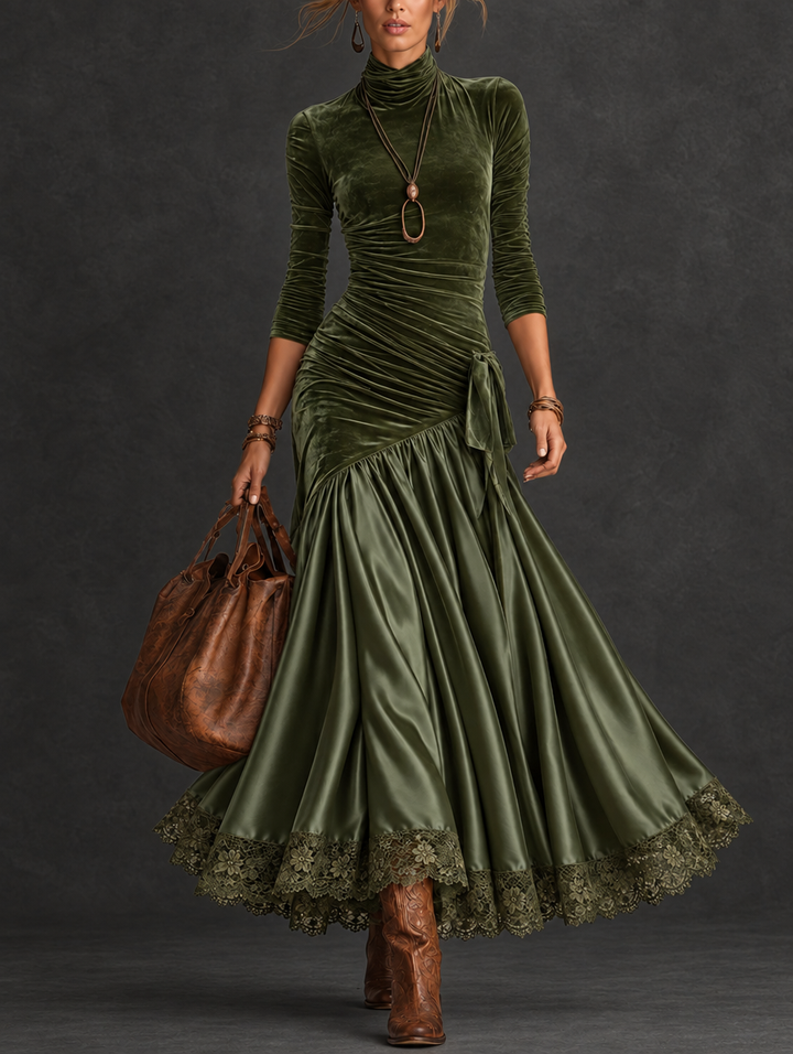 Antonella | Robe longue en velours et satin avec panneaux et fond en dentelle vert olive