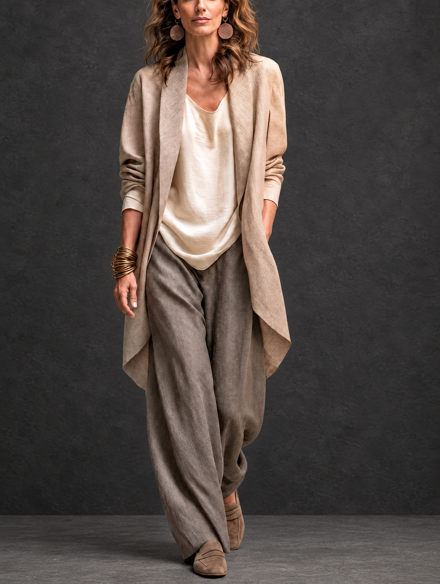 Costanza | Ensemble Élégant de Trois Pièces en Beige et Gris avec Pantalons Palazzo à Couches