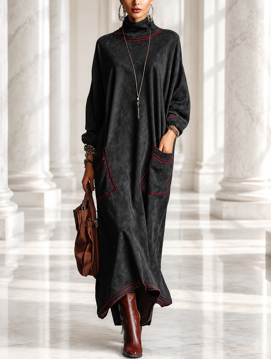 Manuela | Robe longue en daim synthétique noir avec coutures contrastantes rouges et poches plaquées