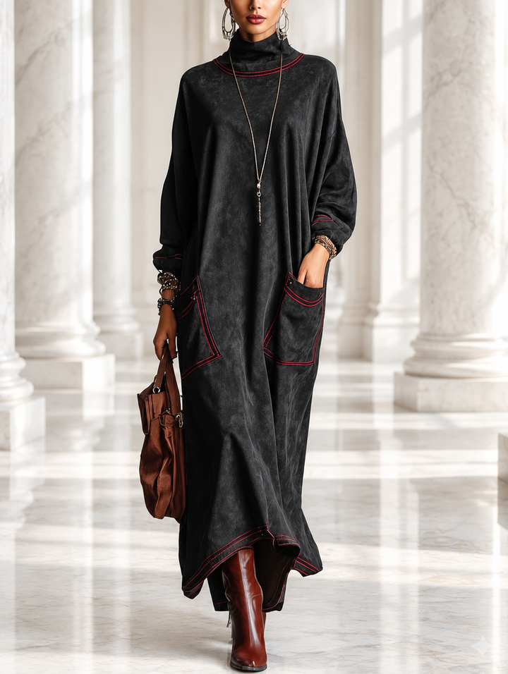 Manuela | Robe longue en daim synthétique noir avec coutures contrastantes rouges et poches plaquées