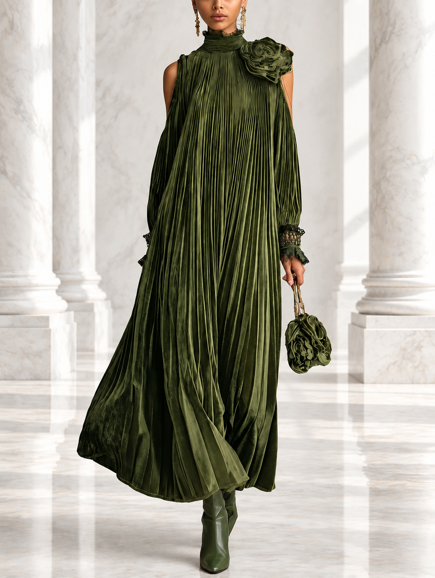 Rosa | Robe longue plissée vert olive avec détail floral sur l'épaule