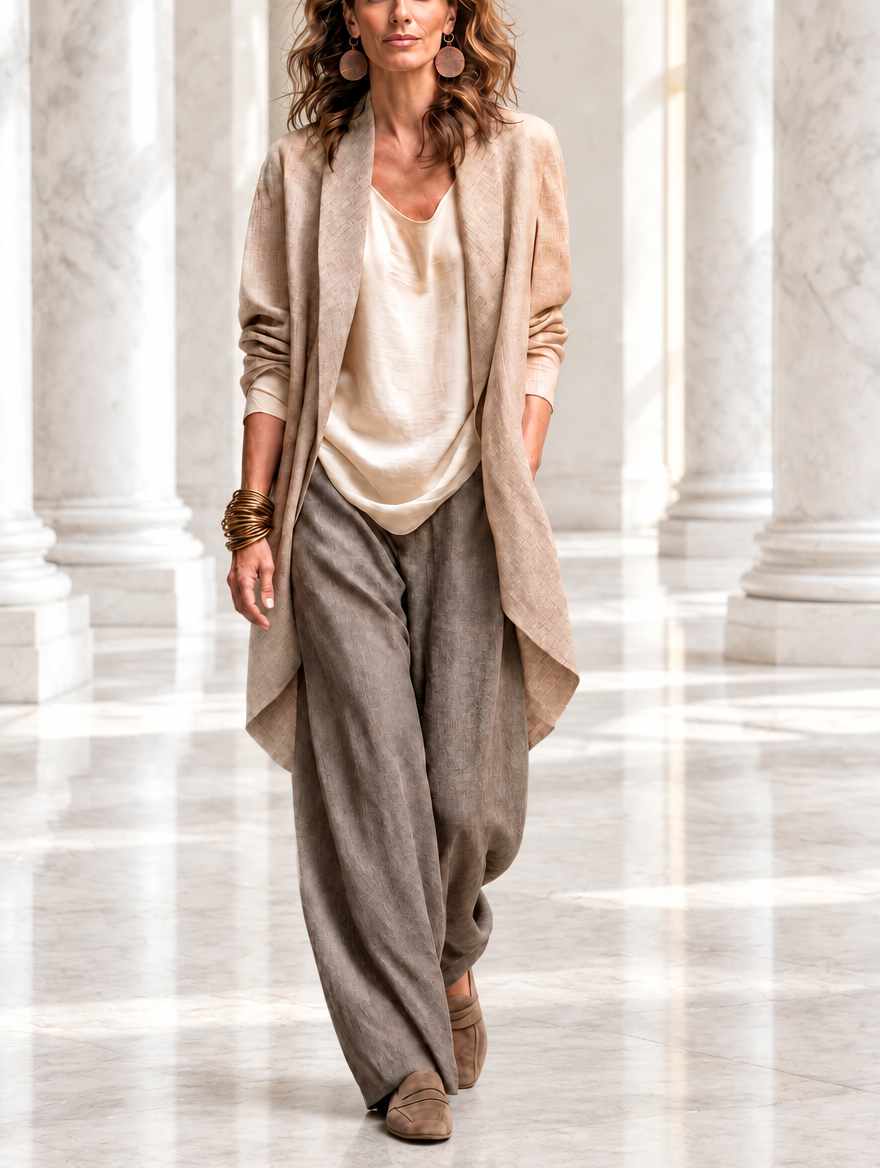 Costanza | Ensemble Élégant de Trois Pièces en Beige et Gris avec Pantalons Palazzo à Couches