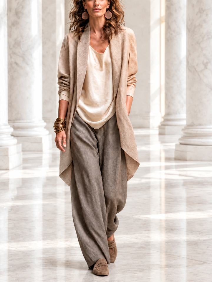 Costanza | Ensemble Élégant de Trois Pièces en Beige et Gris avec Pantalons Palazzo à Couches