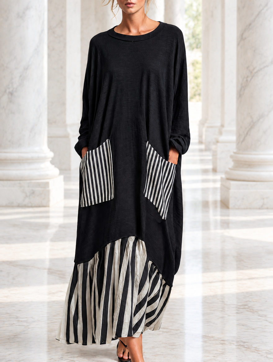 Stefania | Robe longue oversize en coton noir avec des rayures style patchwork
