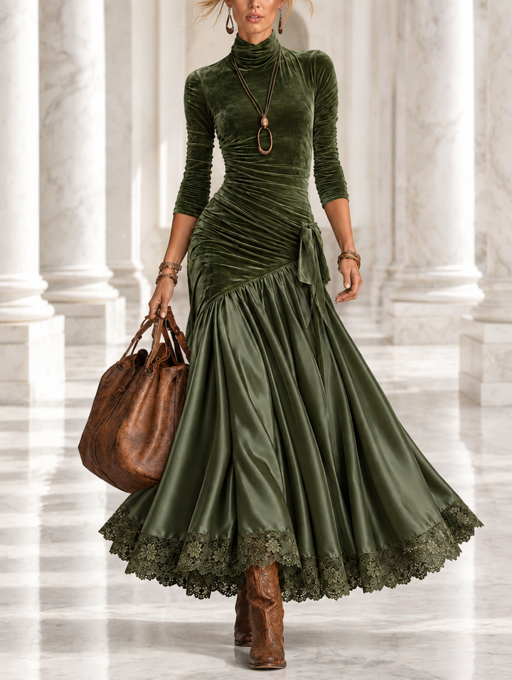 Antonella | Robe longue en velours et satin avec panneaux et fond en dentelle vert olive