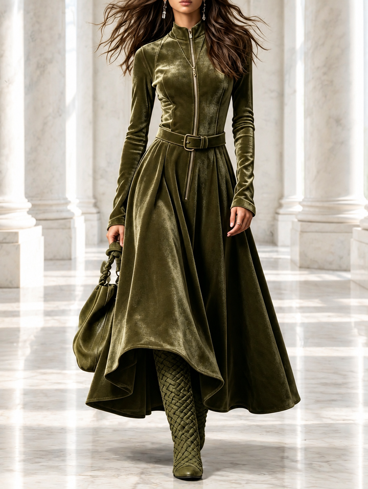 Raffaella | Robe longue en velours vert olive avec zip frontal de style vintage (ceinture incluse)