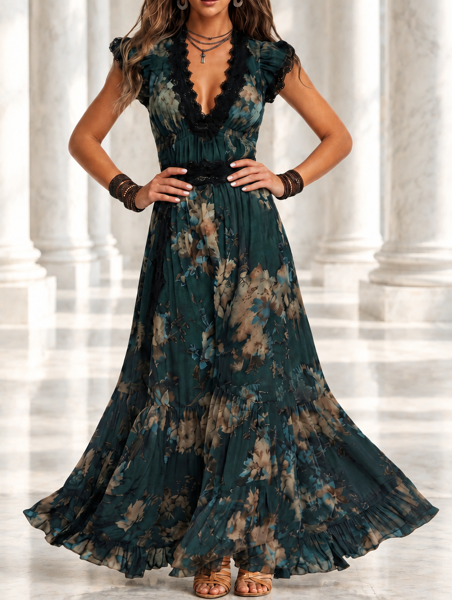 Lucia | Robe longue en chiffon vintage vert foncé avec dentelle florale