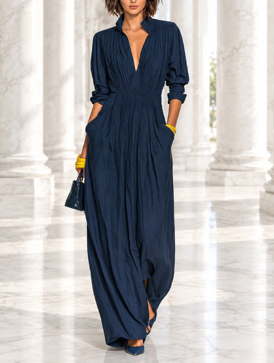 Daniela | Robe longue plissée bleu marine avec décolleté en V